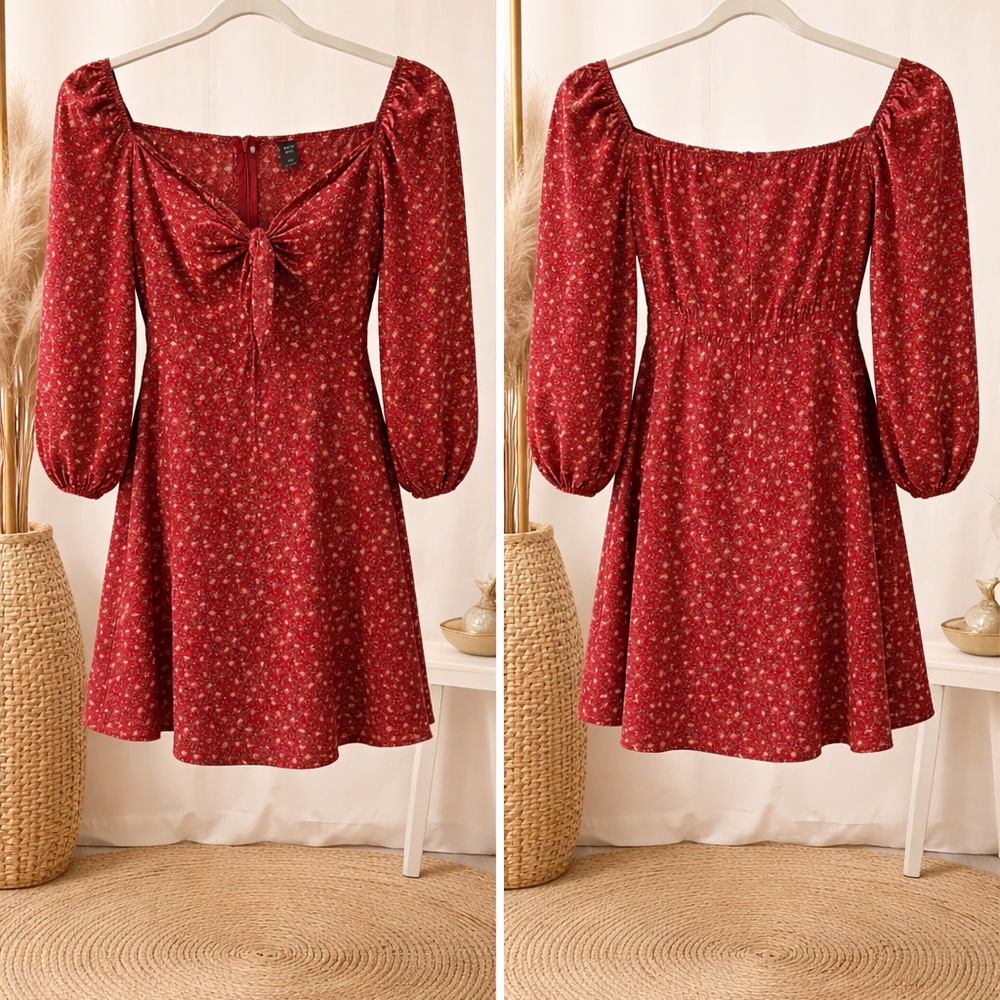 Red Floral Tie-Front Puff Sleeve Dress